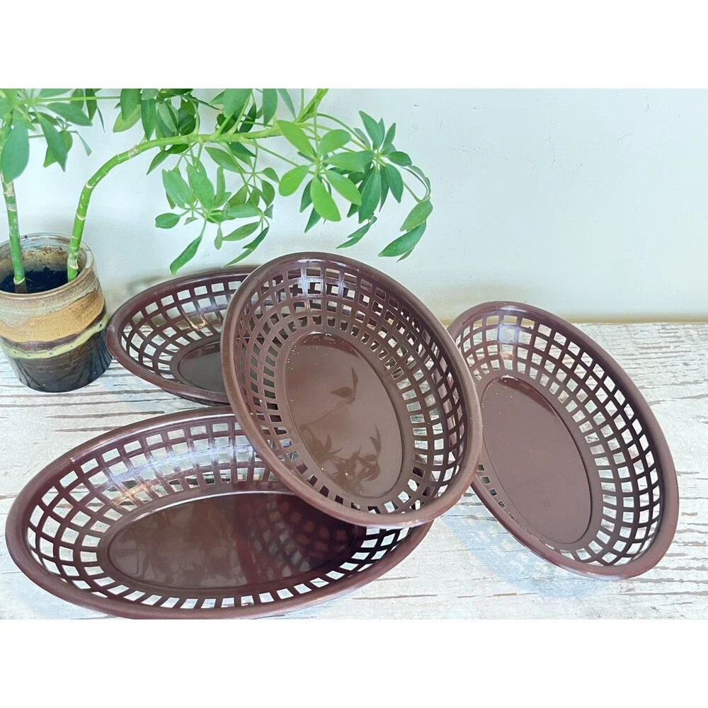 Vintage 1960s Brown Retro Plastic Oval Hamburger Frys Chip Serving Basket Taiwan